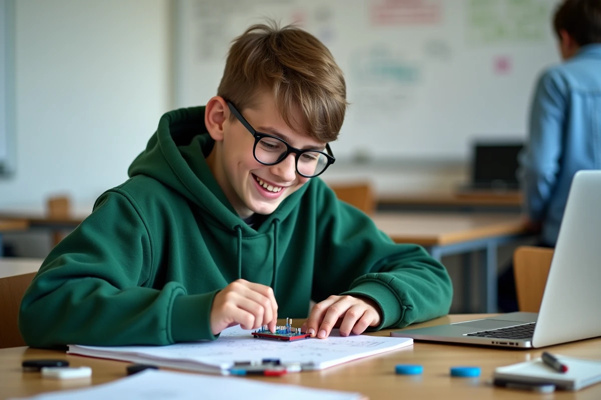 Adolescent en science avec breadboard et outils électroniques