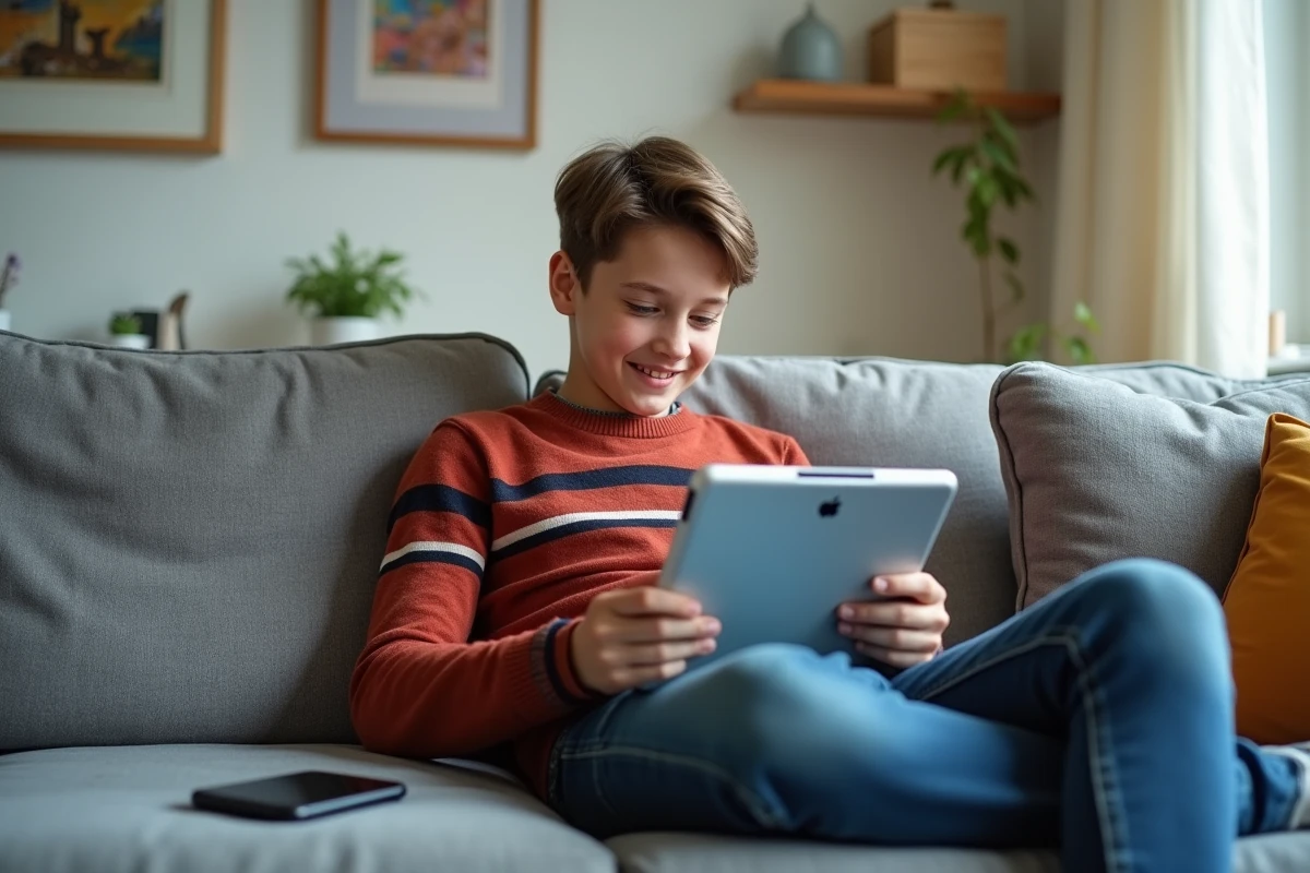 Adolescent lisant un manga sur un canapé moderne