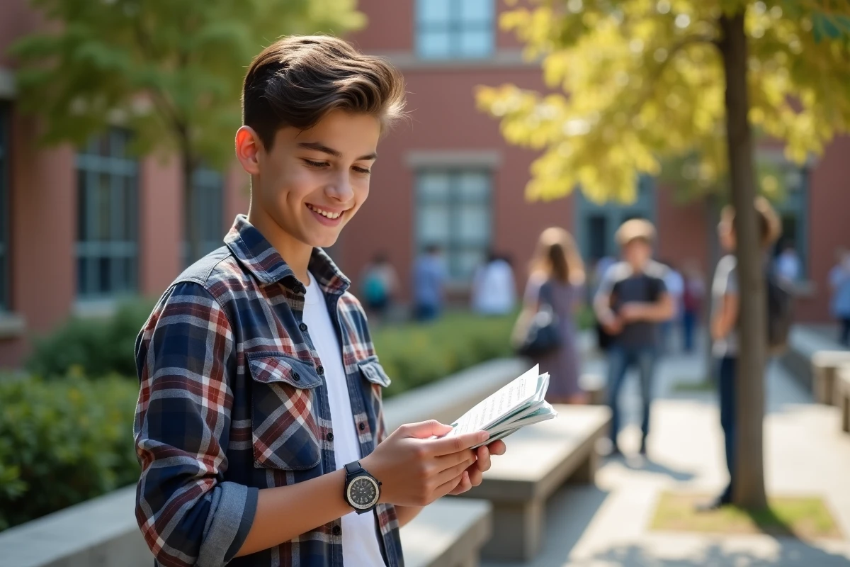 Adolescent récitant des conjugaisons devant un bâtiment scolaire