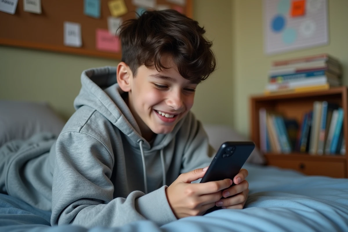 Adolescent souriant allongé sur son lit en train de résoudre un niveau de Codycross sur son téléphone