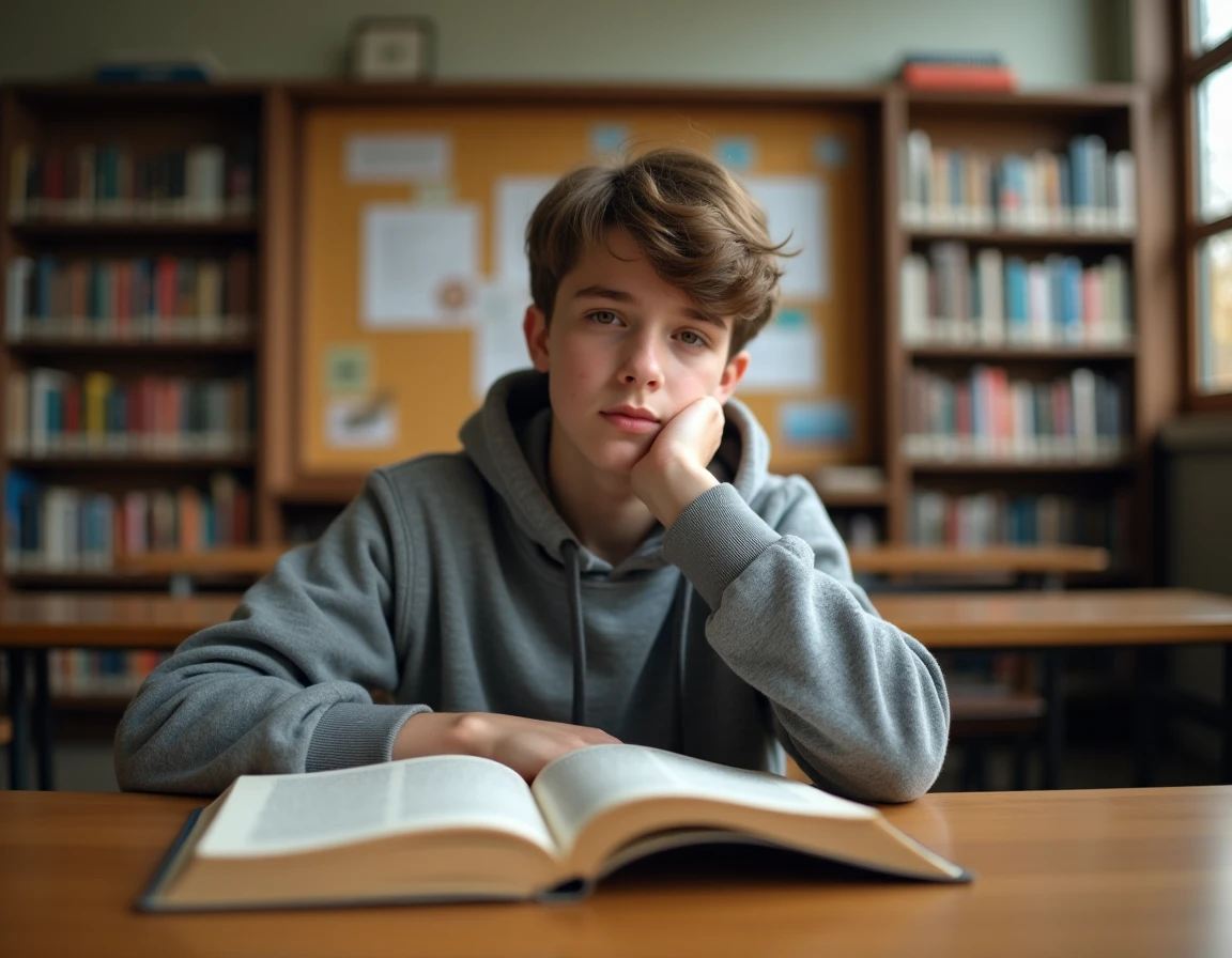 Adolescent lisant un recueil de poésie en bibliothèque scolaire avec une expression pensive à la rentrée