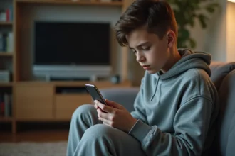 Adolescent absorbé par son smartphone sur un canapé, illustrant l'impact des contenus brainrot sur les jeunes