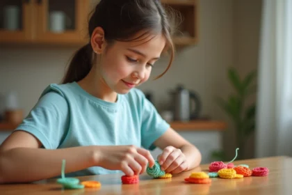 Adolescente réalisant un scoubidou fleur 3D en volume avec des lacets plastiques colorés sur une table en bois