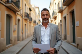 Agent immobilier tenant une annonce dans une rue résidentielle des quartiers nord de Marseille avec immeubles aux façades pastel