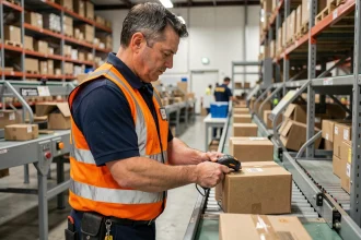 Agent postal scannant un colis sur un tapis de tri dans un centre de distribution logistique