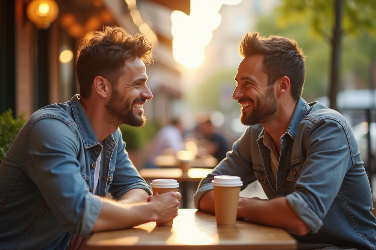 Deux hommes rient ensemble sur une terrasse de café ensoleillée