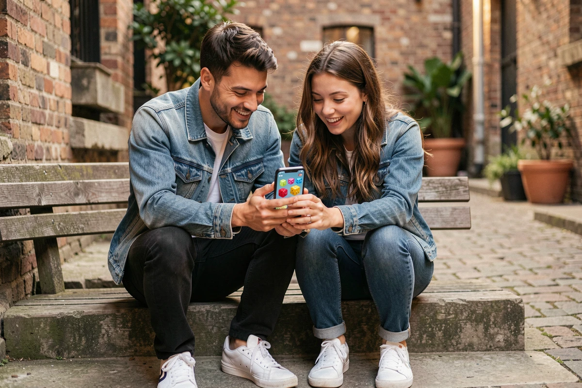 Deux amis regardant ensemble l'application Monopoly GO sur smartphone en extérieur
