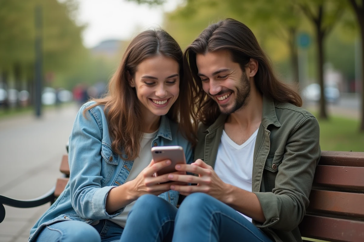 Deux amis souriants assis sur un banc dans un parc urbain