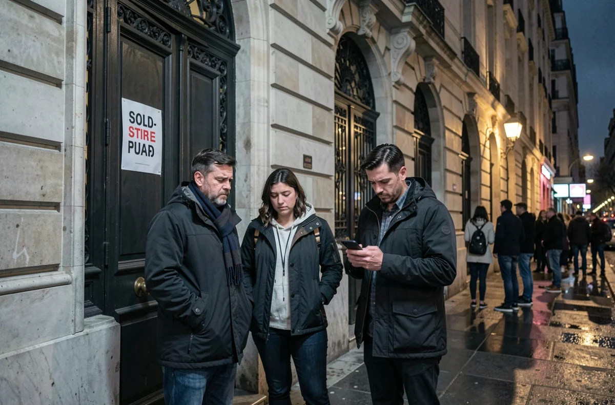 Groupe d'amis déçus devant un spectacle complet à Paris, illustrant les erreurs à éviter pour choisir une activité parisienne le soir