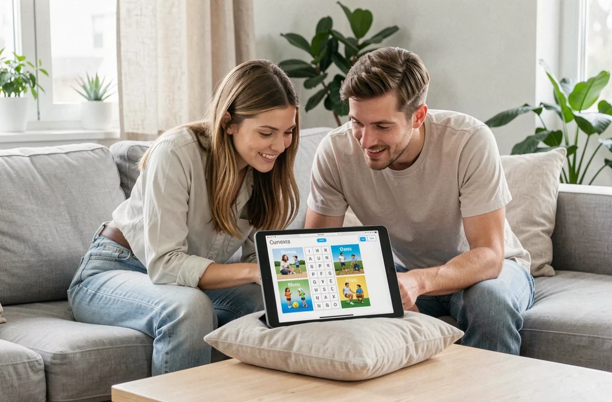 Deux amis jouant ensemble à 4 images 1 mot 9 lettres sur une tablette dans un salon
