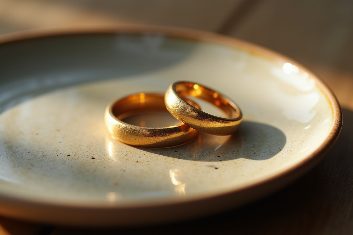 Anneaux de mariage en or sur une assiette en céramique