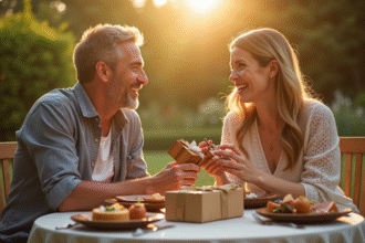 Couple célébrant leur anniversaire dans un jardin ensoleille avec cadeaux en bois