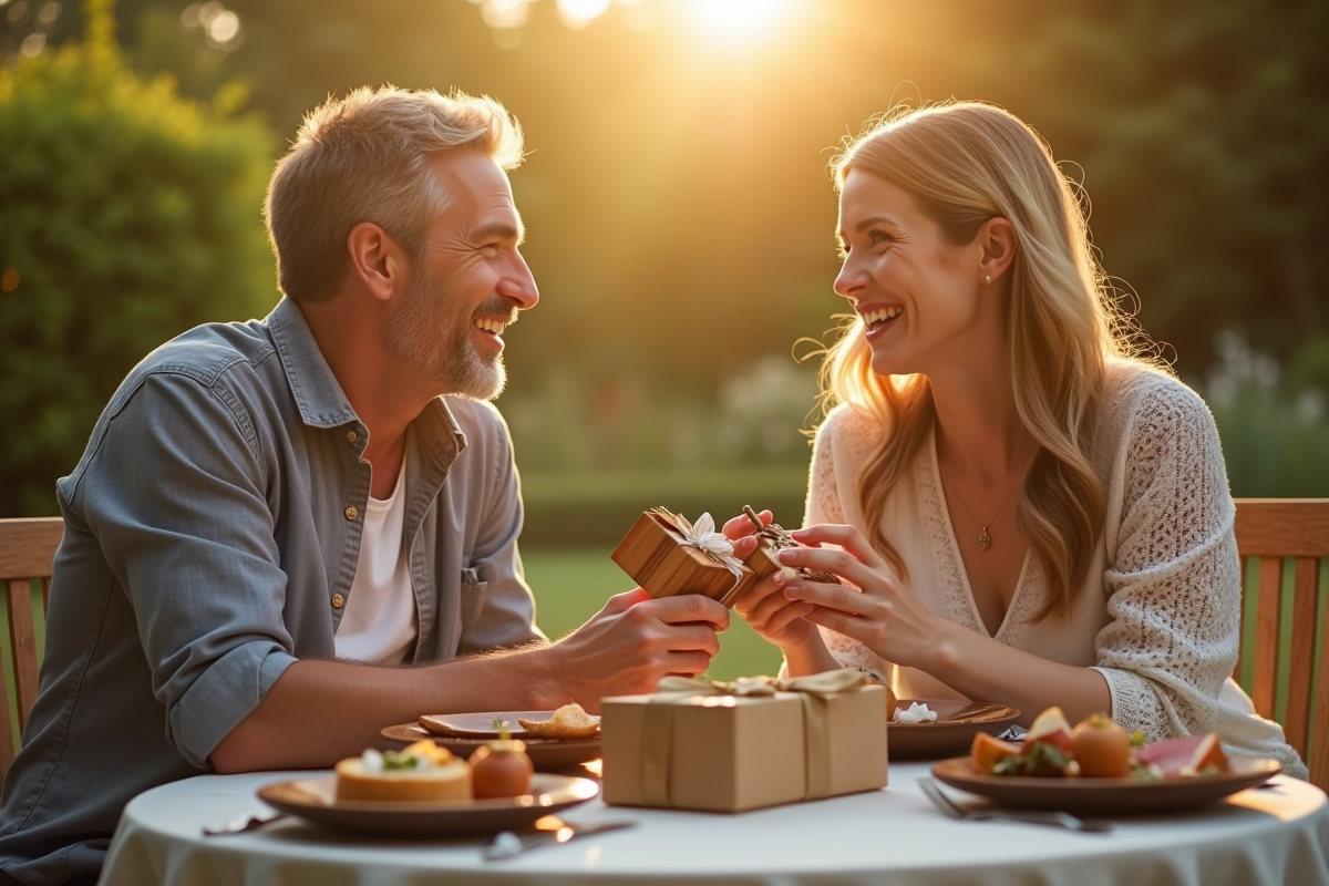 Couple célébrant leur anniversaire dans un jardin ensoleille avec cadeaux en bois
