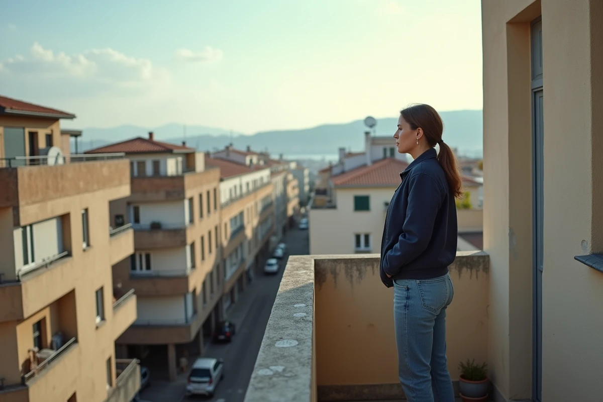 Femme observant le paysage urbain depuis le balcon d'un immeuble des quartiers nord de Marseille