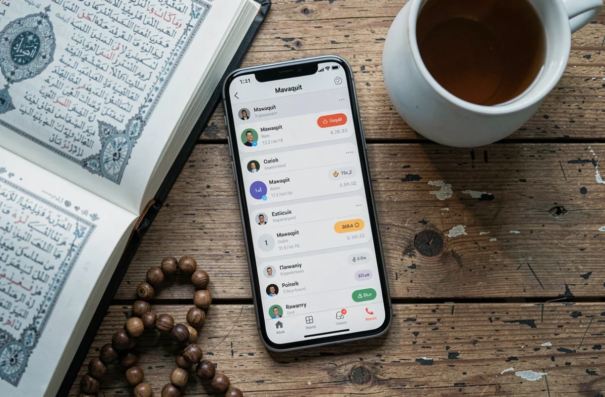 Application Mawaqit affichant les horaires de prière sur smartphone posé sur un bureau avec un Coran et des perles de prière