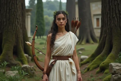 Jeune femme habillée en chasseresse grecque antique tenant un arc en bois dans une forêt de chênes et cyprès, évoquant la déesse Artémis