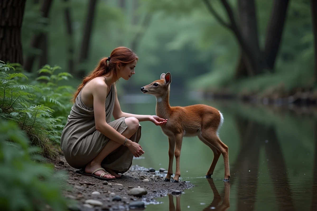 Jeune femme en tunique grecque antique au bord d'un ruisseau forestier caressant un faon, symbole du lien entre Artémis et les animaux sauvages