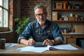 Artisan homme en bureau avec papiers et calculatrice
