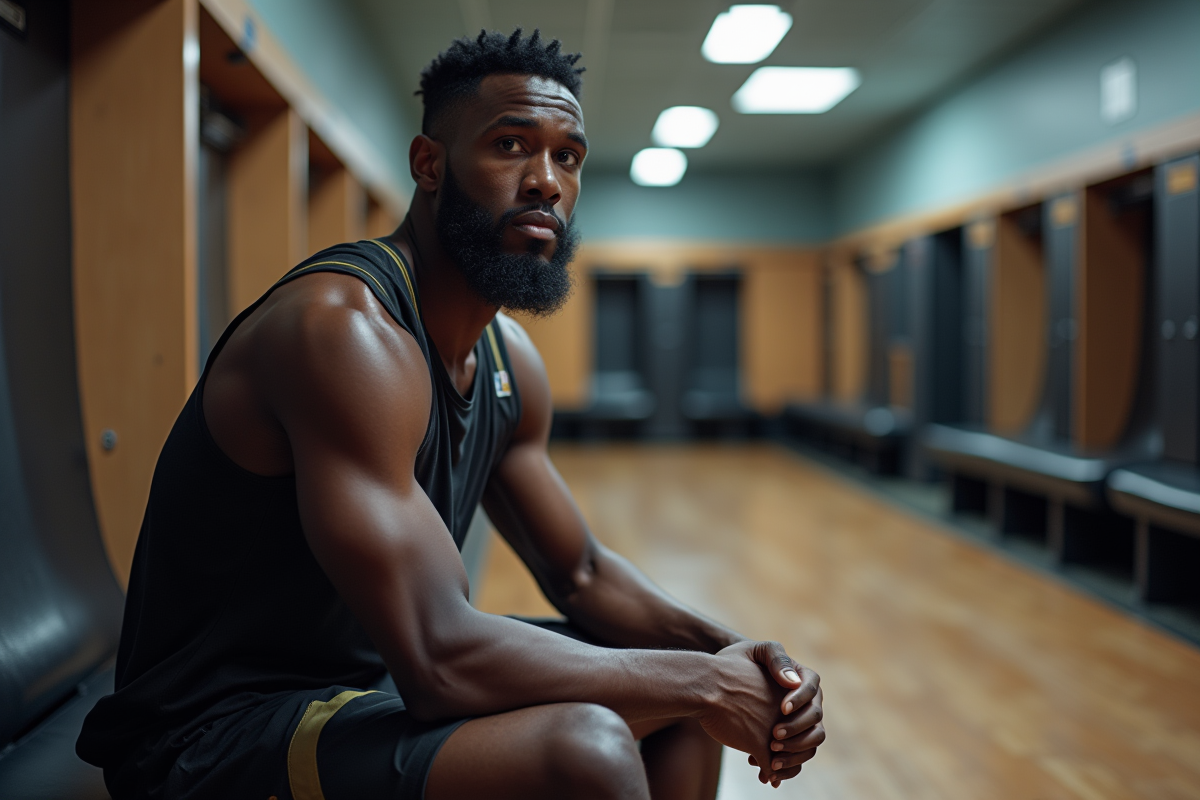 Joueur de basket assis dans le vestiaire lumineux