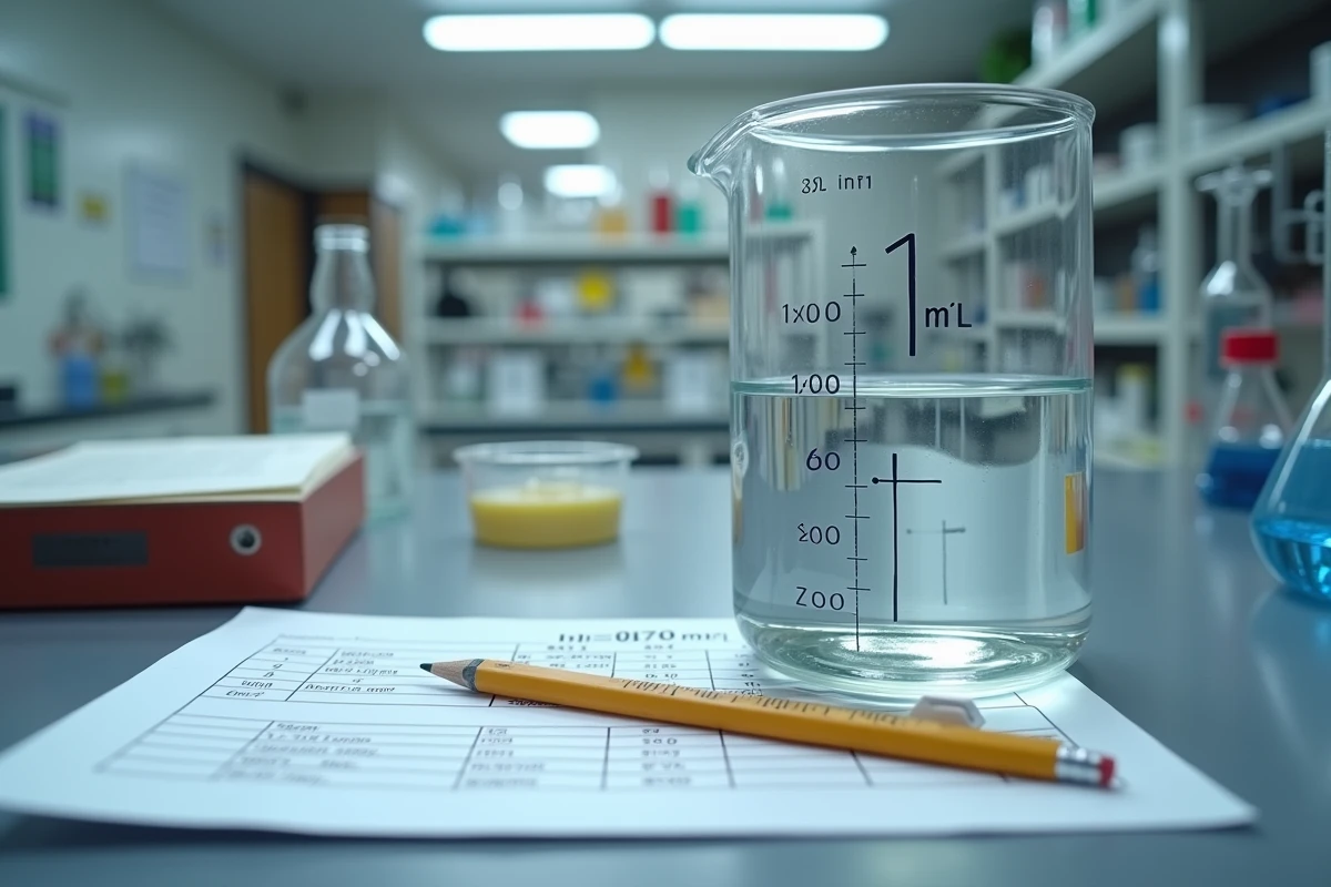 Bécher gradué d'un litre et fiche de conversion litres en mètres cubes sur une paillasse de laboratoire scolaire
