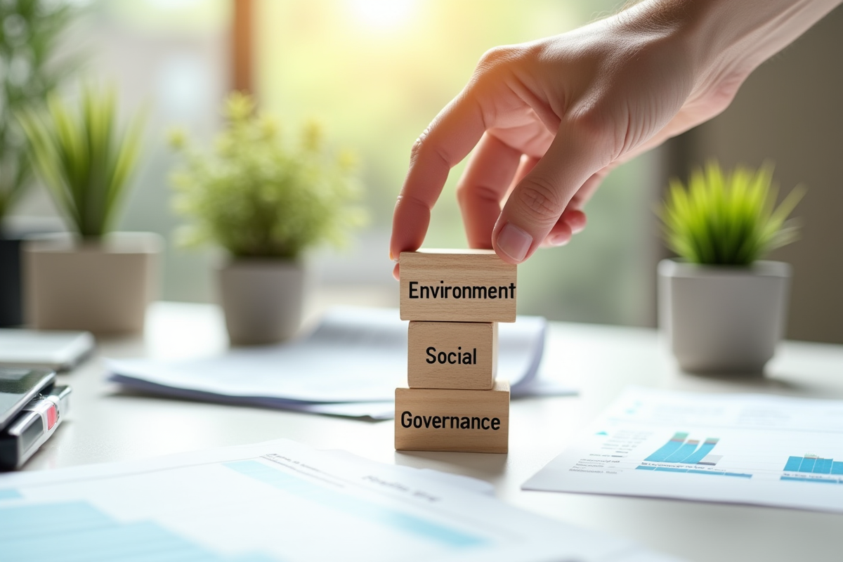 Main empilant blocs en bois avec environnement social et gouvernance