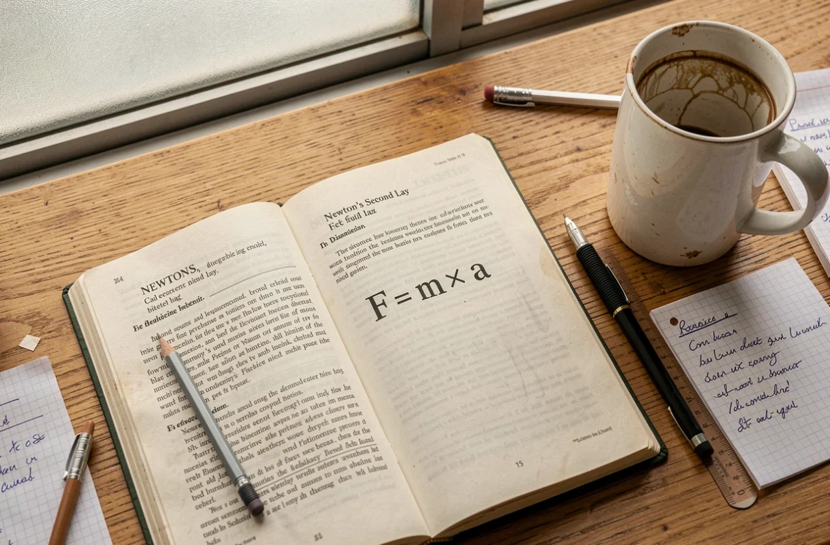 Bureau étudiant avec manuel de physique ouvert sur la loi de Newton F = m × a et notes manuscrites