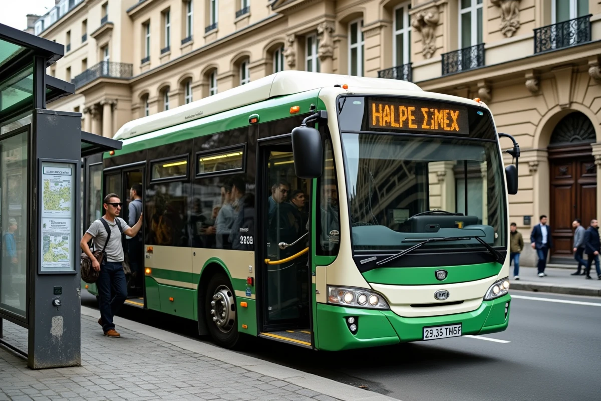 Bus RATP vert et blanc à un arrêt dans une rue parisienne avec architecture haussmannienne