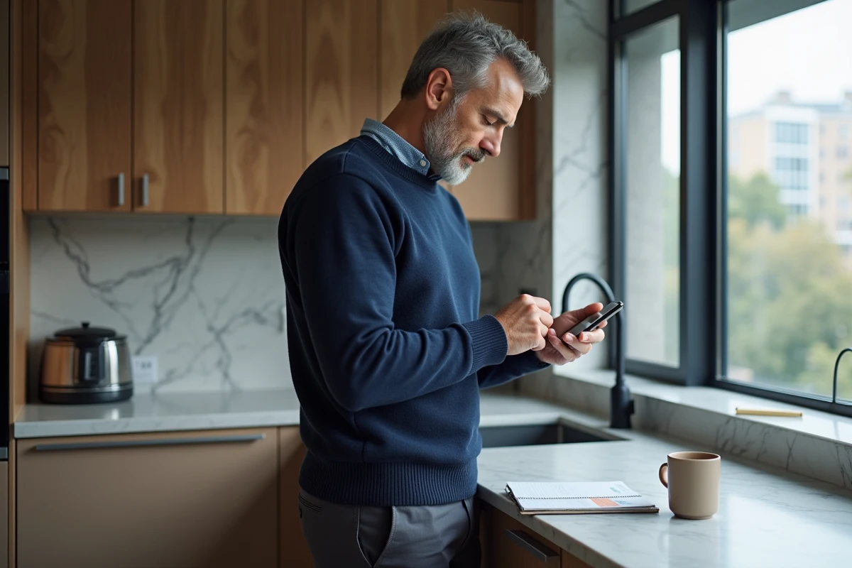 Homme consultant un outil de calcul de durée entre deux dates sur smartphone dans une cuisine moderne