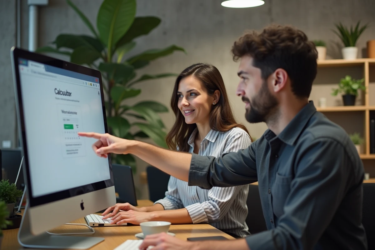 Deux collègues collaborant sur un calcul de nombre de jours entre deux dates sur ordinateur en espace de coworking