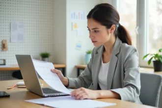 Femme utilisant une calculatrice en ligne entre deux dates sur son ordinateur portable dans un bureau minimaliste