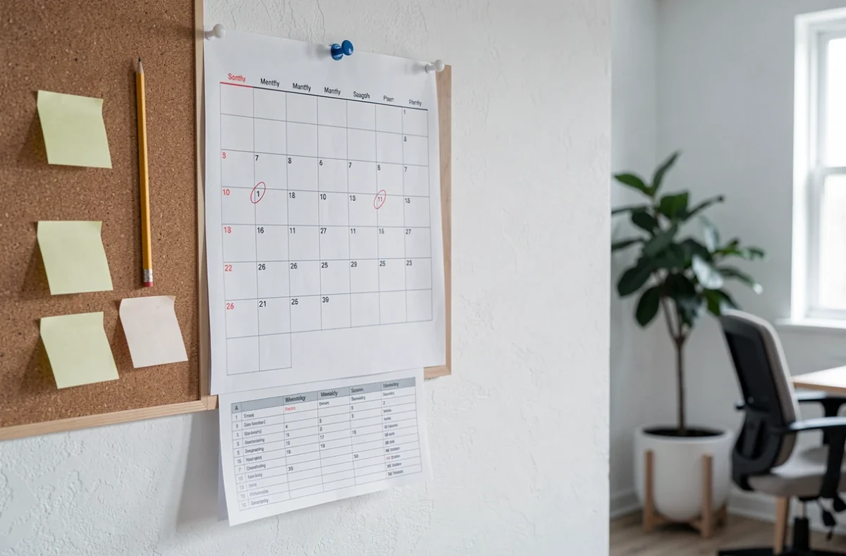 Calendrier mensuel imprimé au format A5 accroché au mur avec des notes autocollantes dans un bureau à domicile