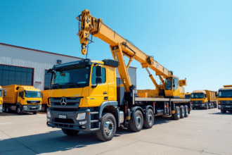 Camion grue jaune d'occasion dans un concessionnaire de matériel