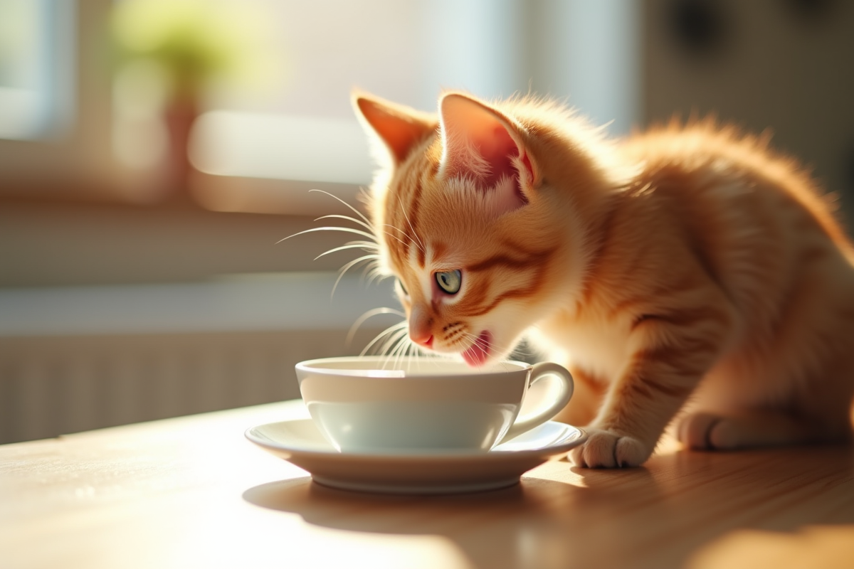 Chaton roux buvant du lait dans une soucoupe en cuisine