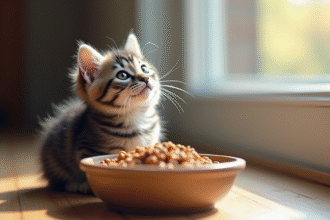 Chaton gris curieux près d une gamelle de croquettes