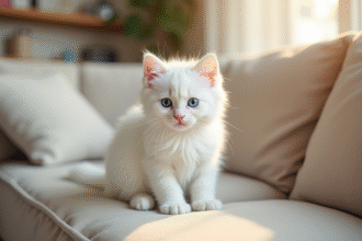 Chaton blanc aux yeux bleus sur canapé beige lumineux