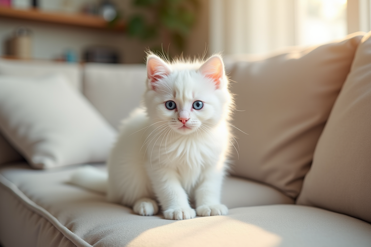 Chaton blanc aux yeux bleus sur canapé beige lumineux