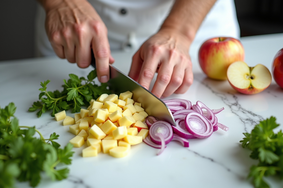 Chef préparant une salsa de pommes zestar sur marbre blanc