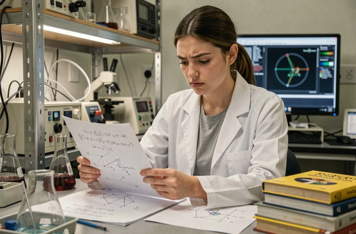 Jeune femme chercheuse étudiant des équations de physique dont F = m × a dans un laboratoire scientifique
