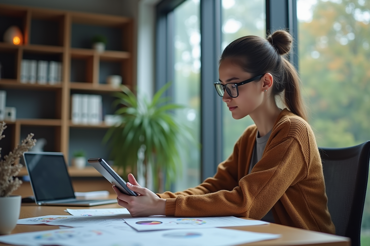 Jeune chercheuse analysant un diagramme de pile à combustible