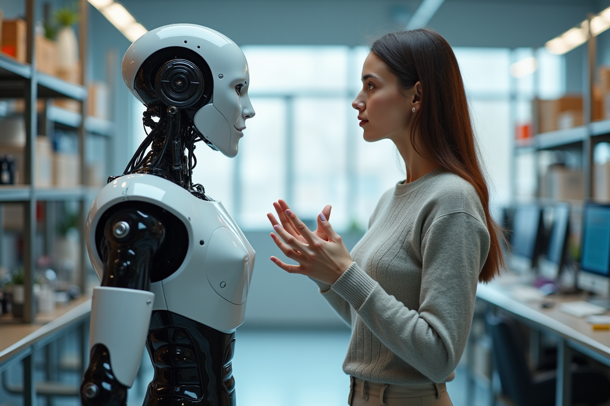 Chercheuse en laboratoire avec robot humanoide