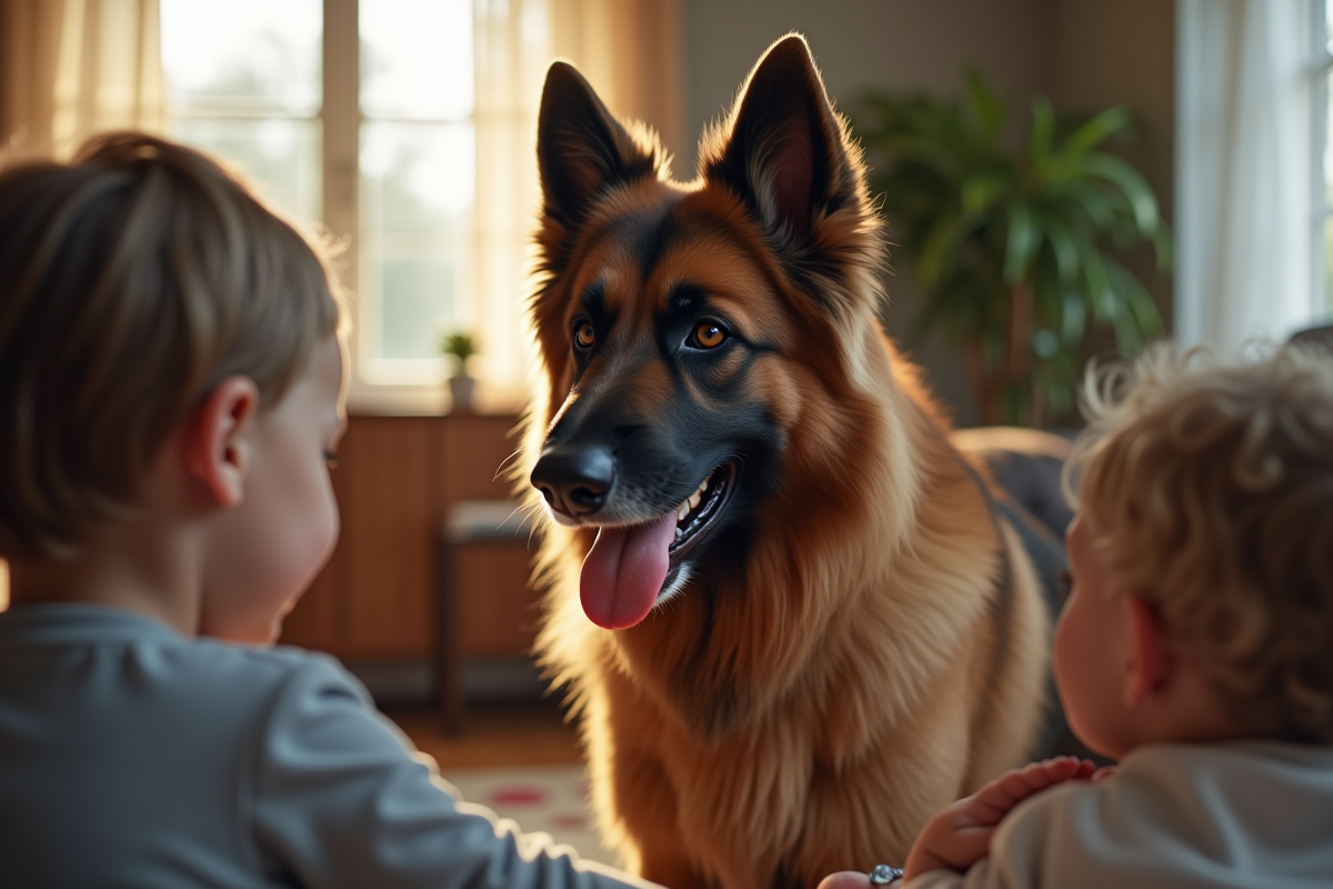 Chien croise berger allemand Newfoundland avec enfants en intérieur
