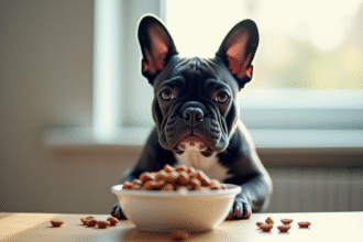 Bulldog francais bleu avec bol de nourriture saine