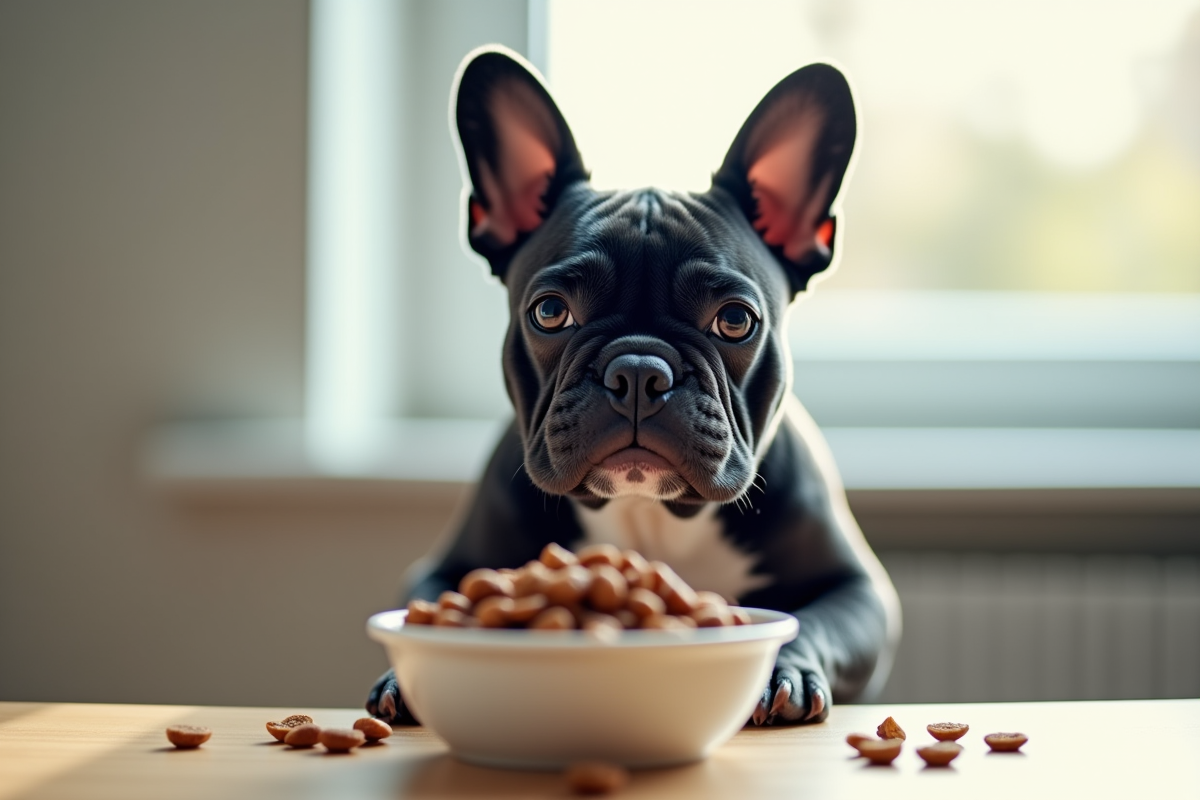 Bulldog francais bleu avec bol de nourriture saine