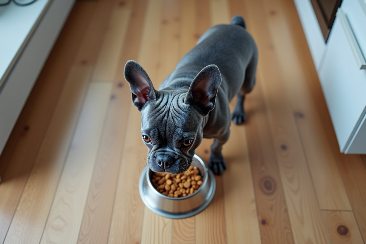 Bulldog francais mangeant dans une cuisine moderne