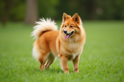 Finnish Spitz debout sur l'herbe verte en plein jour