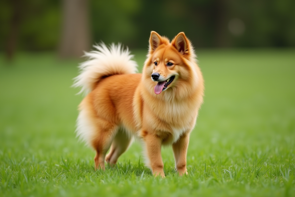 Finnish Spitz debout sur l'herbe verte en plein jour