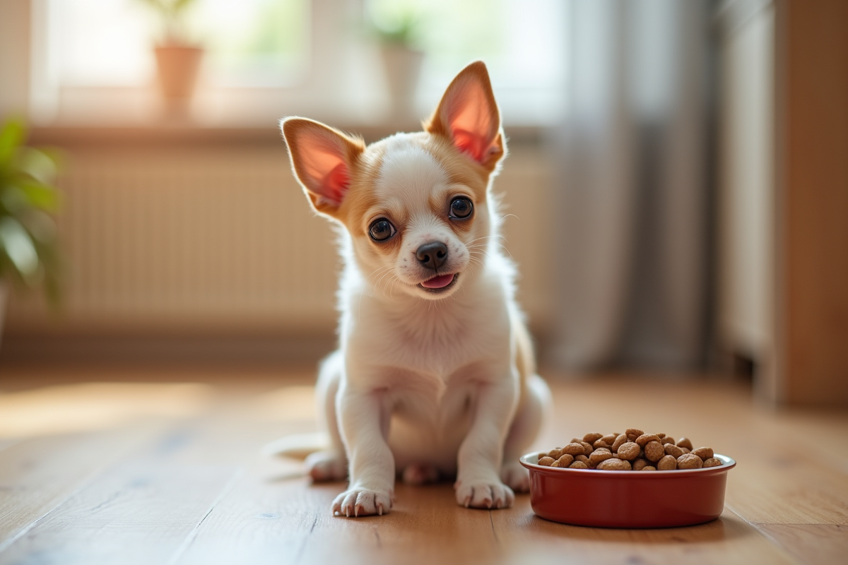 Chiot Chihuahua assis près d'une gamelle de nourriture saine