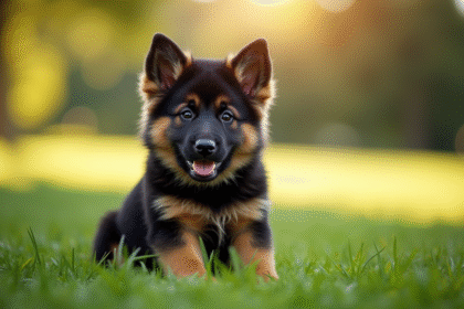 Chiot croisé berger allemand et Newfoundland dans un parc ensoleille