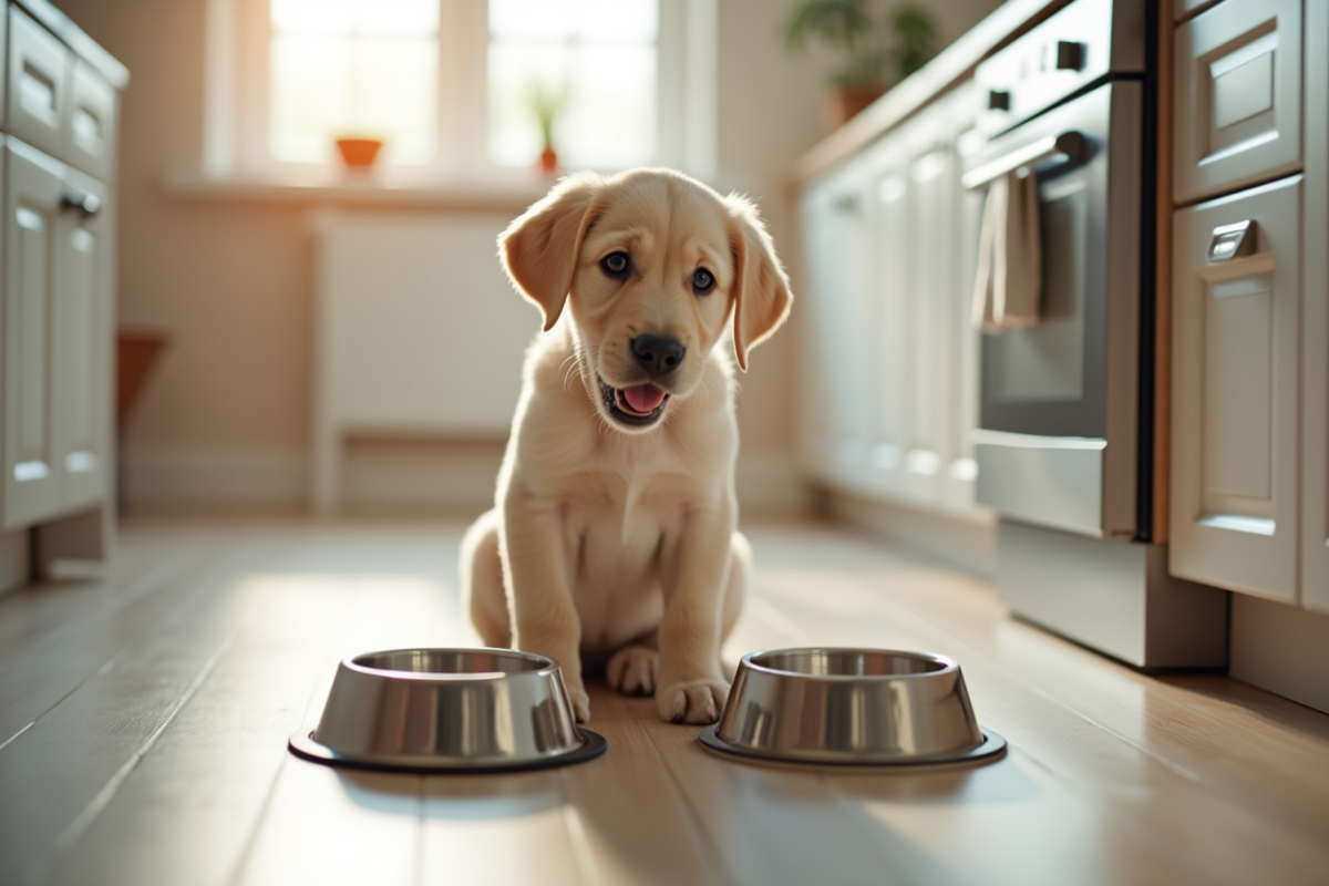 Jeune chiot labrador assis sur le sol de cuisine lumineux