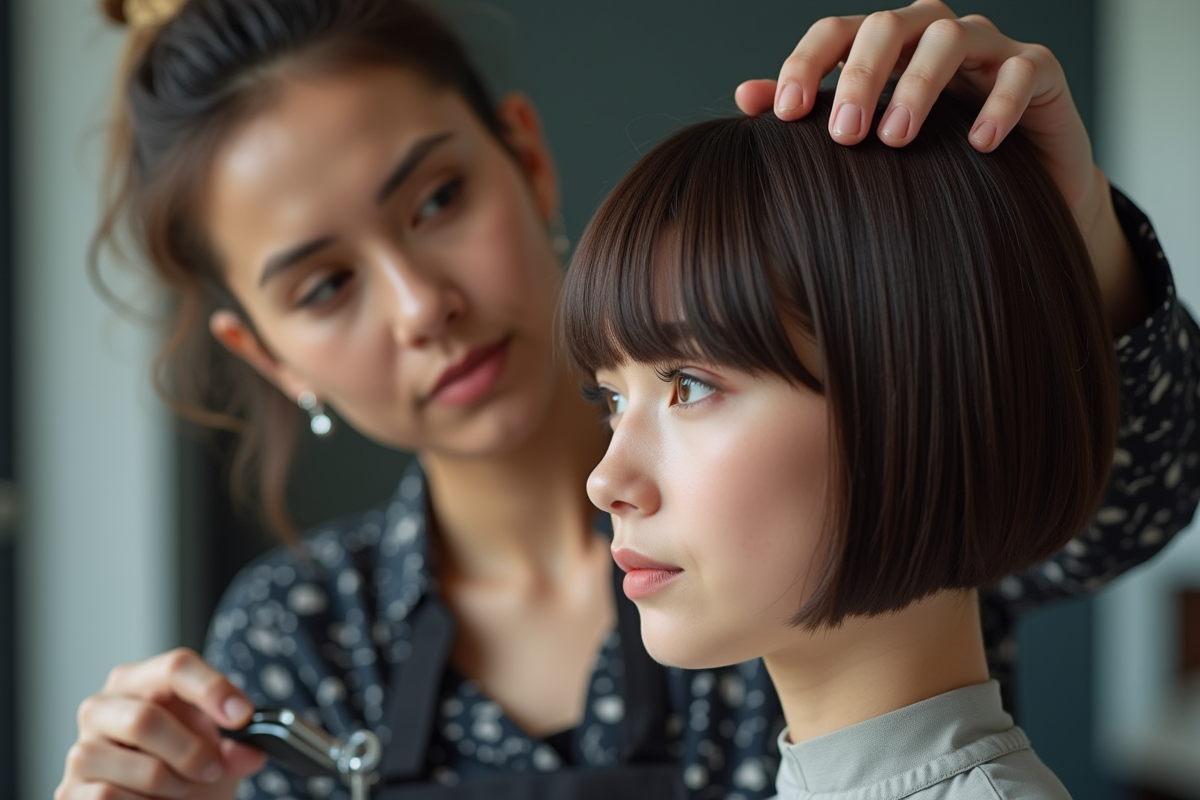 Coiffeur ajustant une coupe géométrique sur une modèle